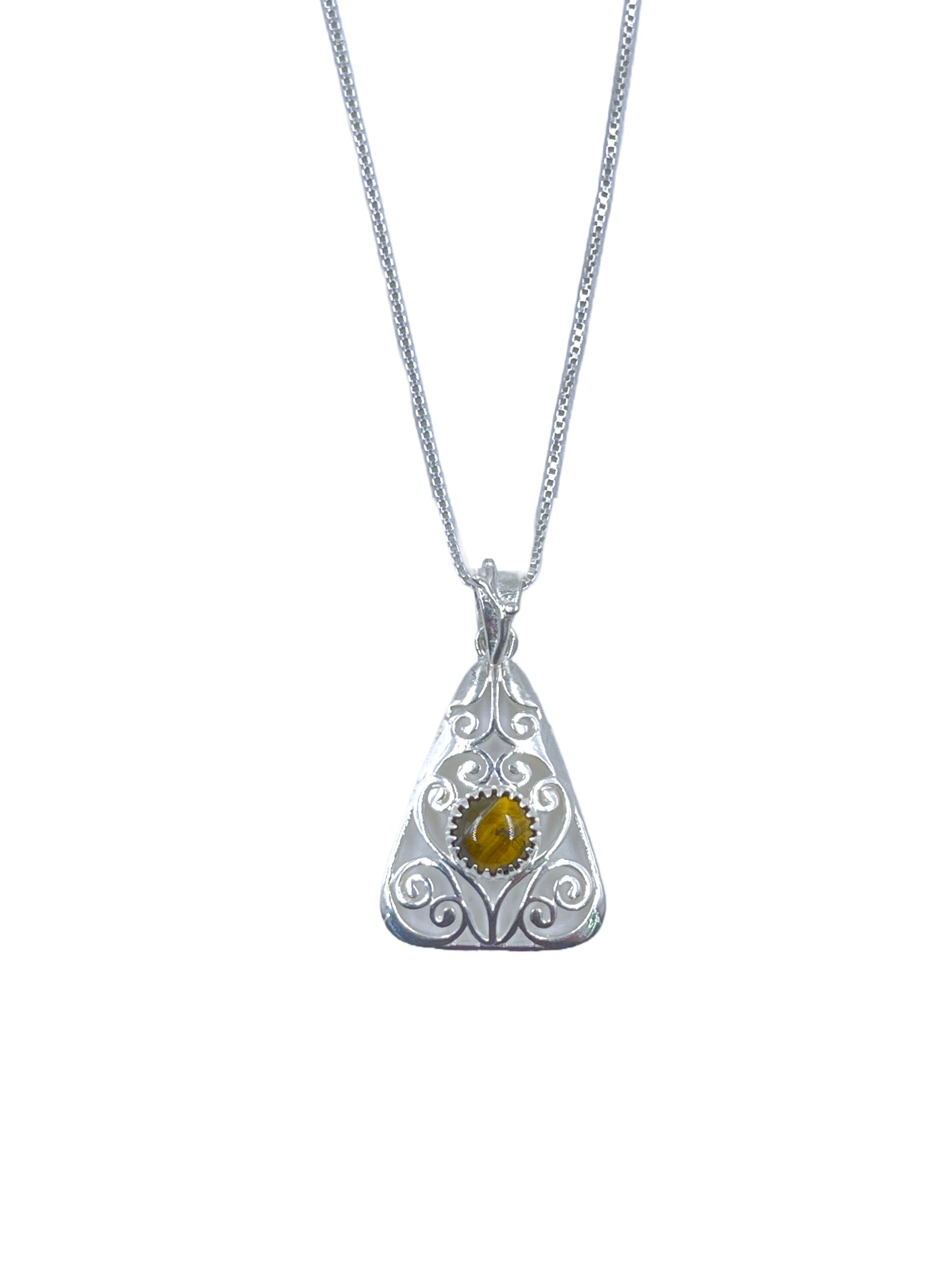 METALCARATS Metal Carats 925 Sterling Silver Carat Cabochon Tigers Eye Triangular Jaali Pendant | Jaali Work | Natural Gemstones | Women
