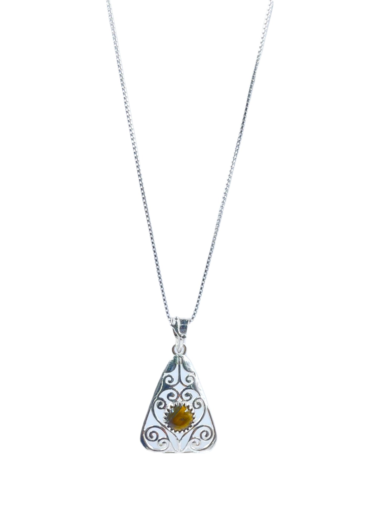 METALCARATS Metal Carats 925 Sterling Silver Carat Cabochon Tigers Eye Triangular Jaali Pendant | Jaali Work | Natural Gemstones | Women