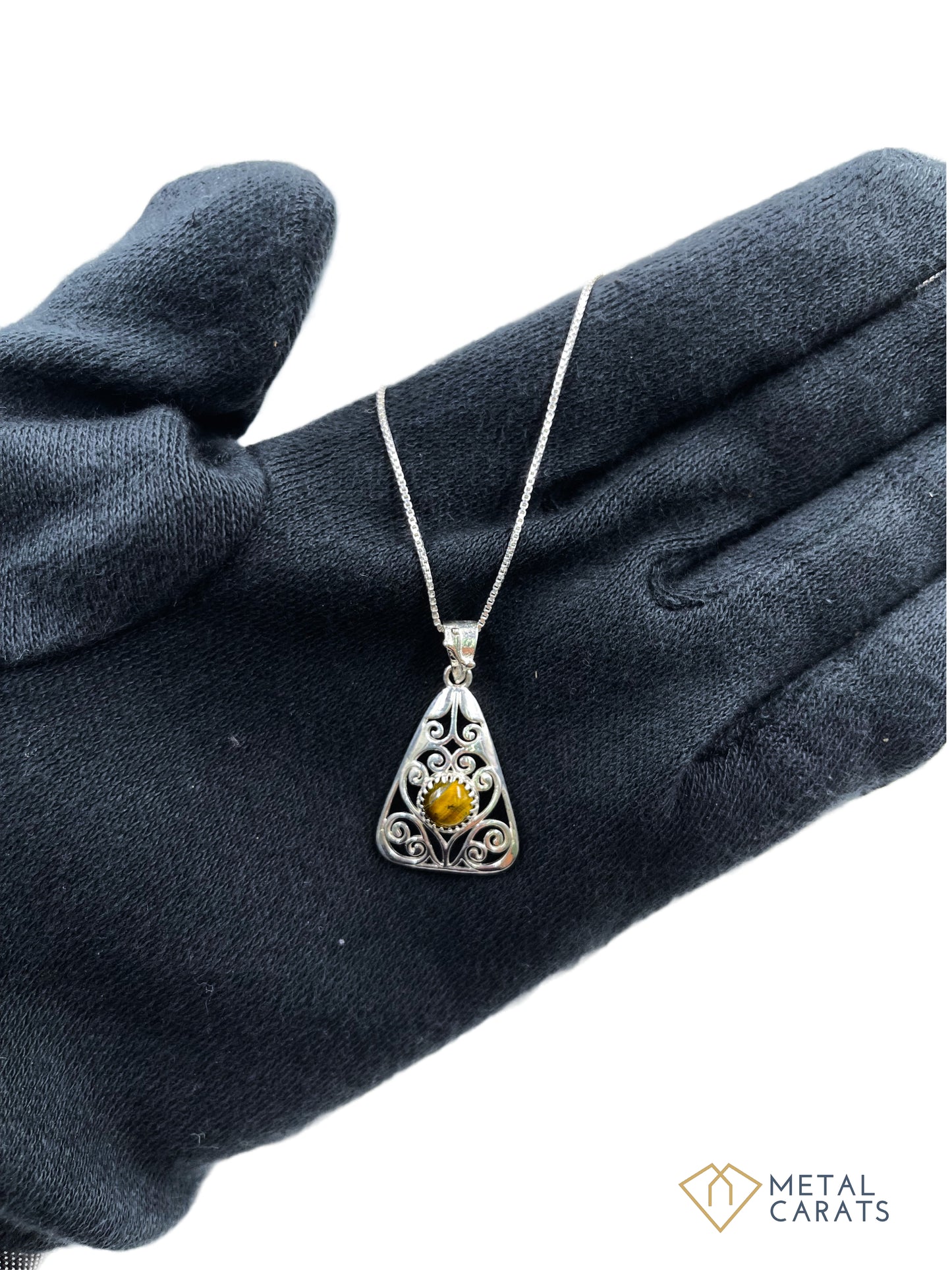 METALCARATS Metal Carats 925 Sterling Silver Carat Cabochon Tigers Eye Triangular Jaali Pendant | Jaali Work | Natural Gemstones | Women