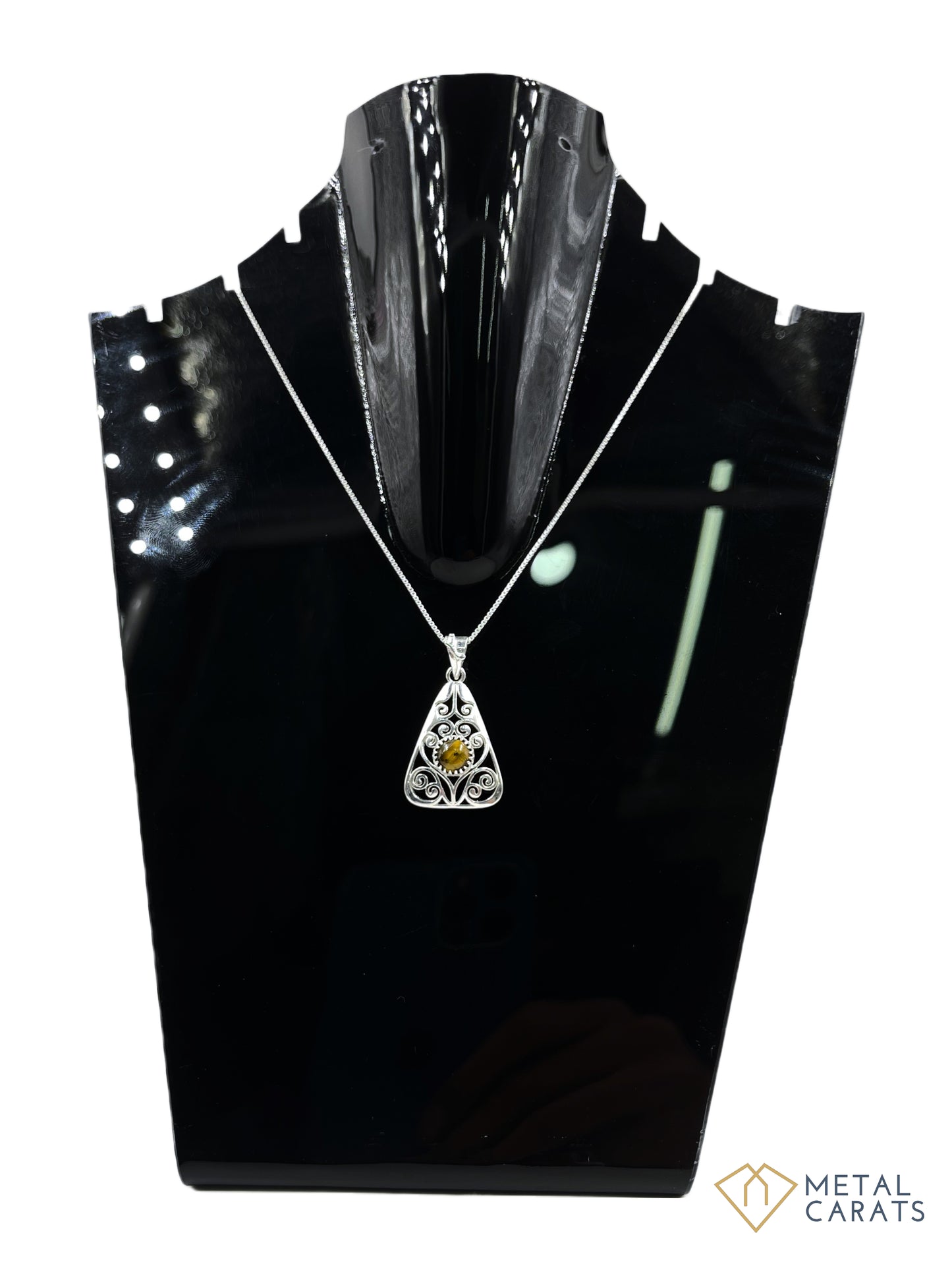 METALCARATS Metal Carats 925 Sterling Silver Carat Cabochon Tigers Eye Triangular Jaali Pendant | Jaali Work | Natural Gemstones | Women