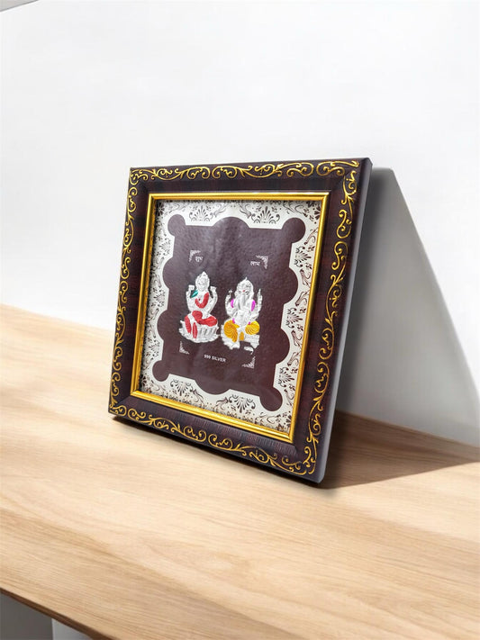 Pure 999 Silver Laxmi Ganesh Colored Photo Frame – 5 x 5.75 Inches