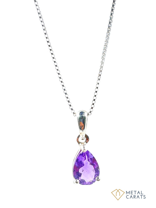 Metal Carats 925 Sterling Silver Pear Amethyst Pendant with Chain | Natural Gemstones | Minimal | Women