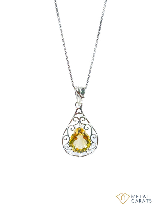 Metal Carats 925 Sterling Silver Fancy Pear Citrine Pendant with chain | Women | Authentic Gemstones | Yellow