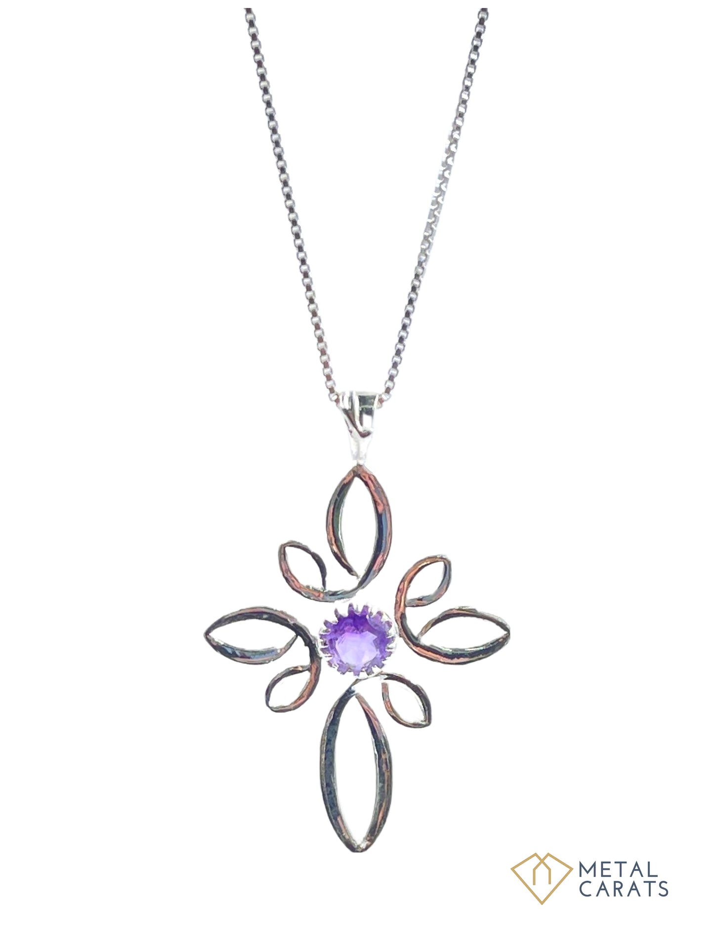 METALCARATS Metal Carats 925 Sterling Silver Flower Round Amethyst Pendant with chain | Women | Natural Gemstones | Hallmark