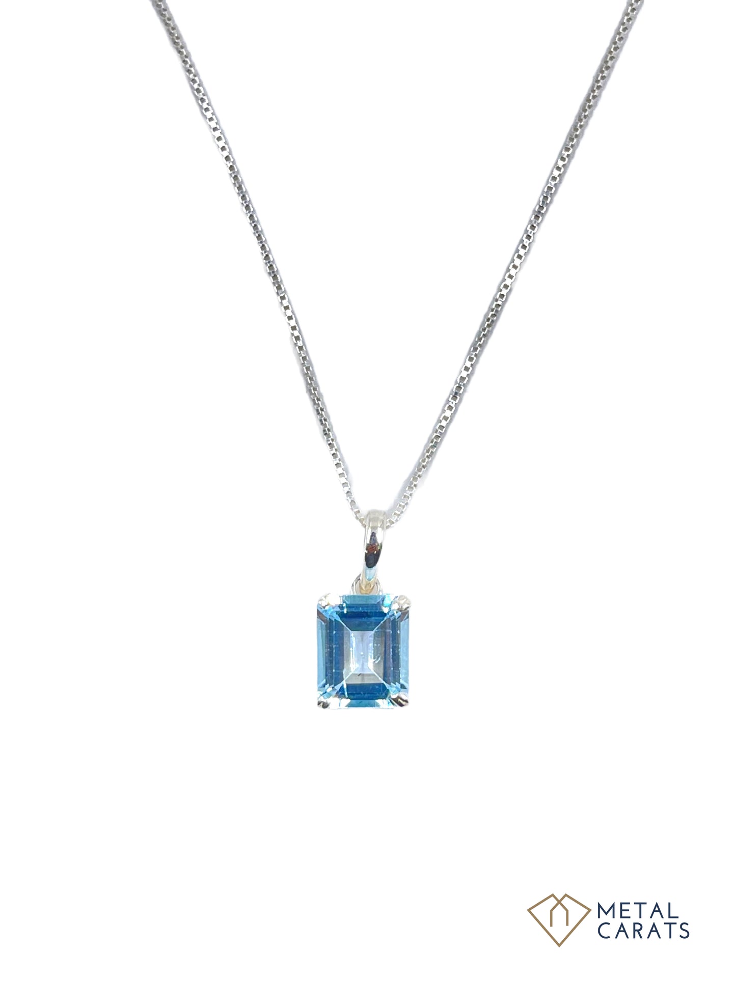 Metal Carats 925 Sterling Silver Rectangle Blue Topaz Pendant with Chain | Natural Gemstone | Unisex