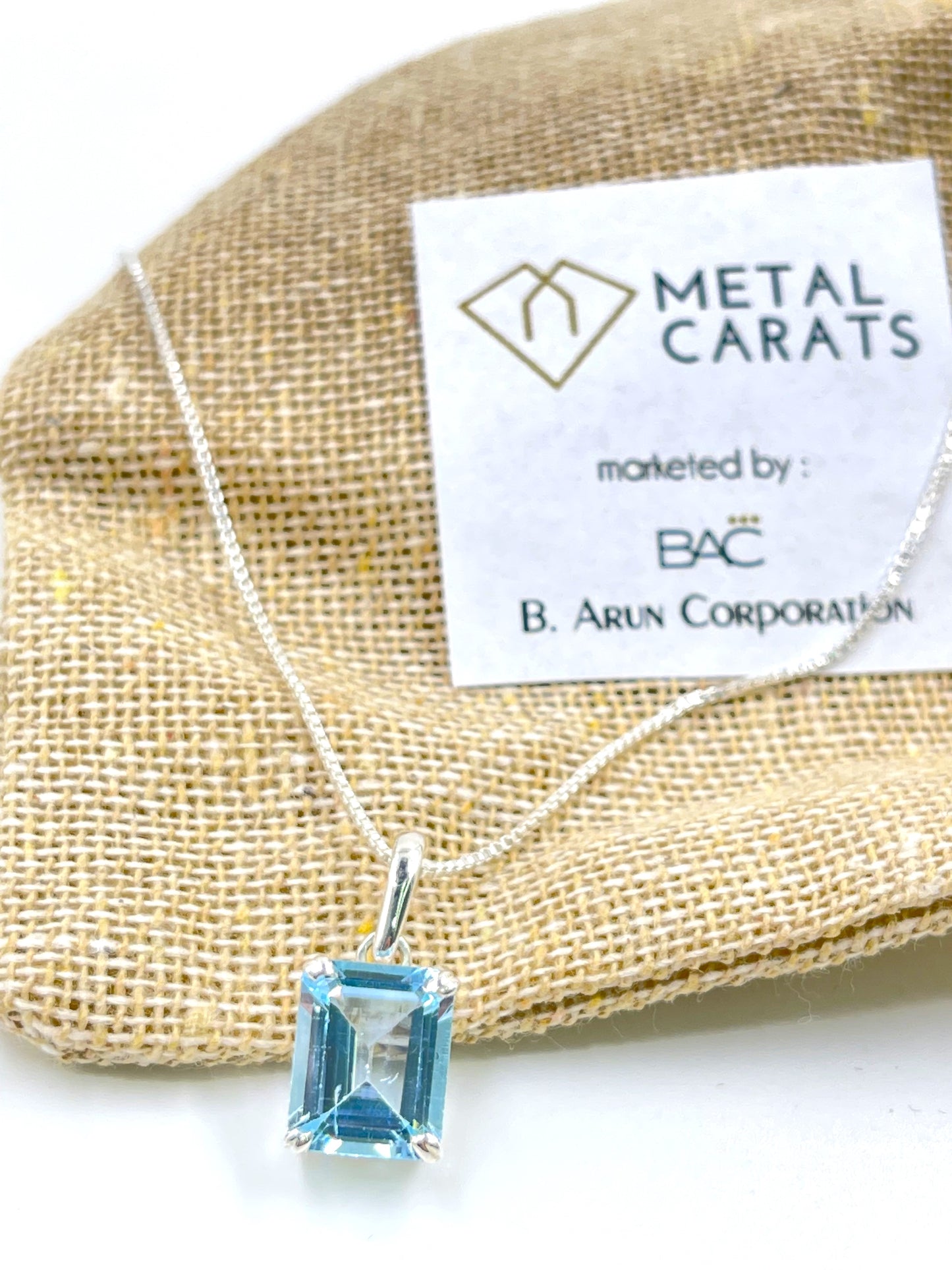 Metal Carats 925 Sterling Silver Rectangle Blue Topaz Pendant with Chain | Natural Gemstone | Unisex