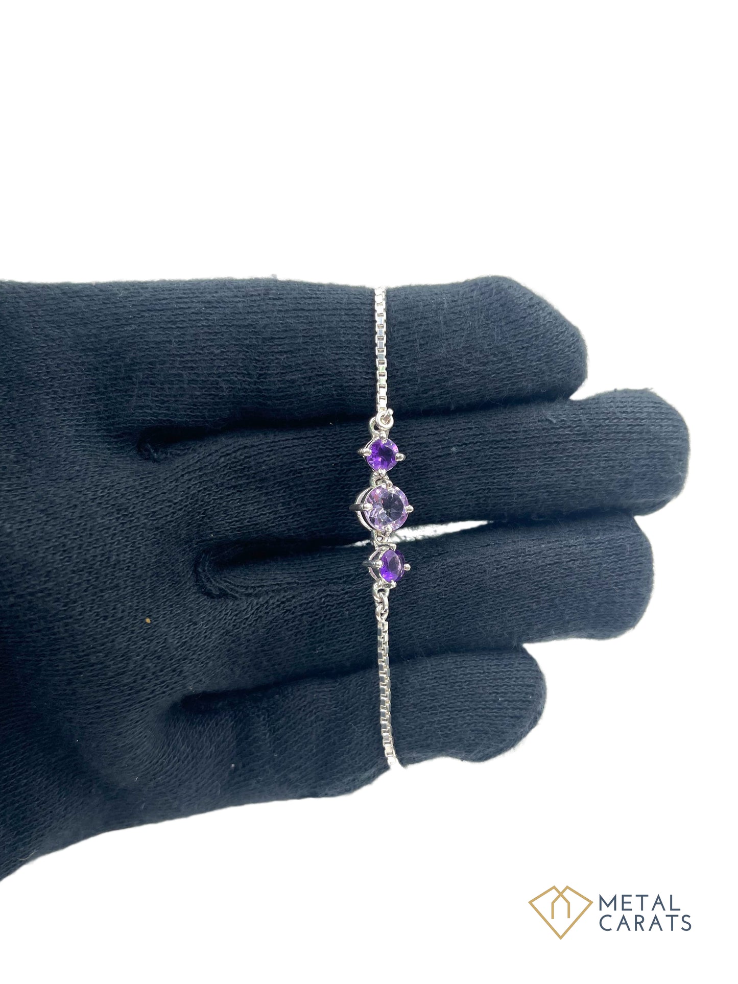 Metal Carats 925 Sterling Silver 3 Stone Amethyst Lure Bracelet | Women | Purple | Chain Bracelet